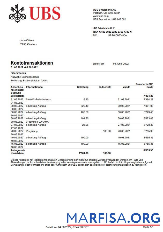 Realistic Switzerland UBS bank statement word template